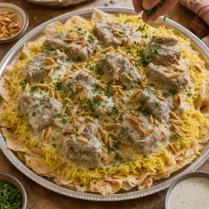 Finished mansaf garnished with almonds and parsley