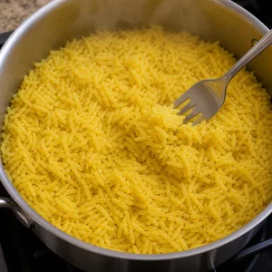 Fluffy golden rice being loosened with a fork