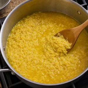 Turmeric rice cooking in lamb broth