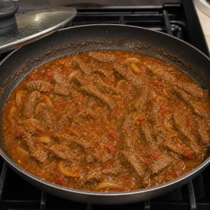 Beef simmering in tomato sauce with broth