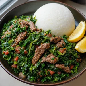 Sukuma wiki con manzo servito con ugali e spicchi di limone