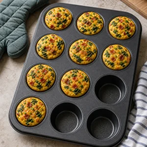 Muffin cotti con uova bacon e formaggio dorati nello stampo
