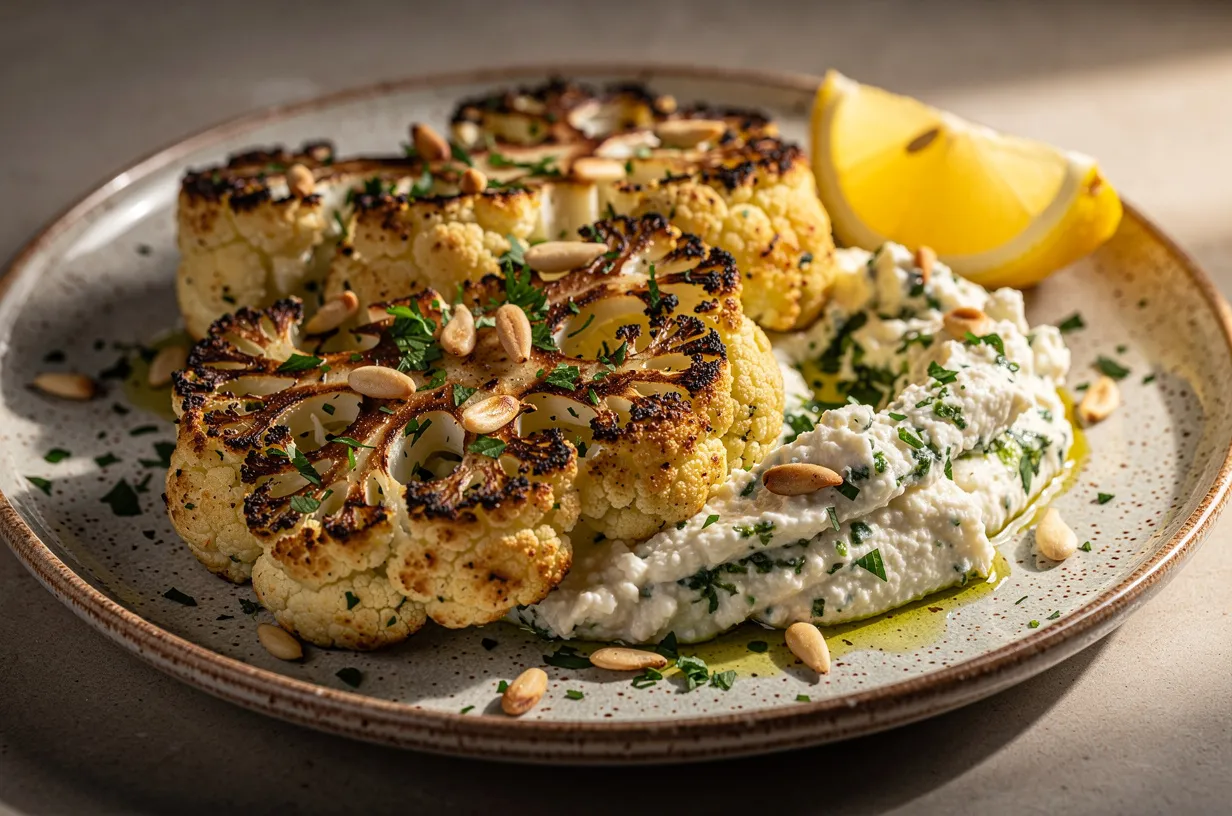 Steaks de chou‑fleur keto, ricotta aux herbes et citron