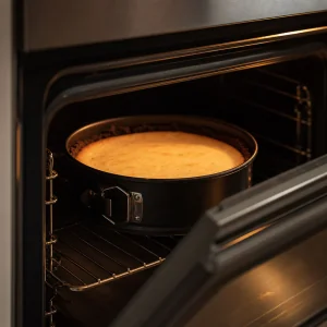 Cheesecake assado descansando no forno entreaberto