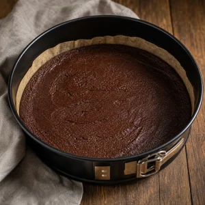 Massa de brownie alisada no fundo da forma de aro