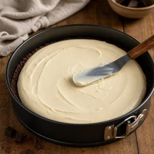 Recheio de cheesecake alisado sobre a base escura de brownie