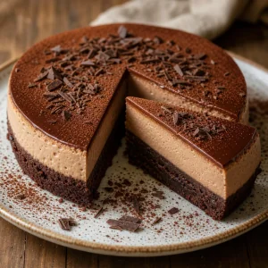 Brownie cheesecake finalizado em fatias com cacau e raspas de chocolate