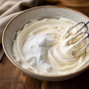 Adocante em po misturado ao recheio cremoso de cheesecake
