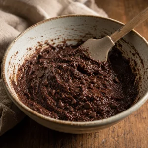 Massa espessa de brownie de chocolate com gotas em uma tigela