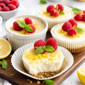 Vasitos keto de cheesecake de limón y ricotta con frambuesas, ralladura y menta.