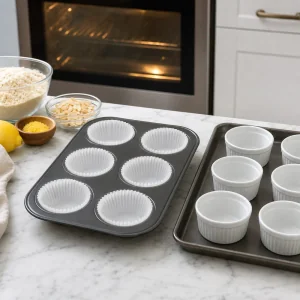 Molde para muffins con capacillos y ramequines listos para vasitos de cheesecake keto.