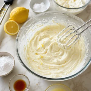 Relleno sedoso de cheesecake de limón y ricotta con queso crema y ralladura.