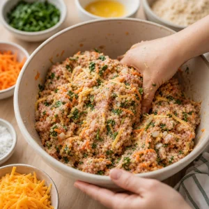 그릇에 담긴 당근, 시금치, 체더 치즈가 섞인 생 칠면조 패티 반죽