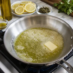 Olive oil and butter foaming in a stainless skillet