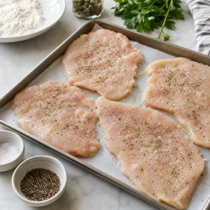 Pounded chicken cutlets seasoned with salt and cracked black pepper