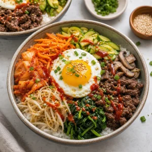 채소, 김치, 달걀, 참깨를 올려 완성한 소고기 비빔밥 한 그릇.