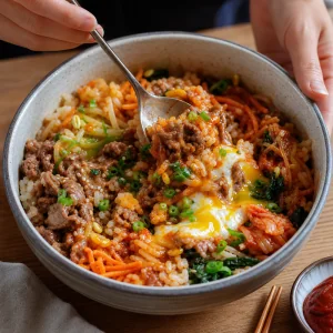 완성된 소고기 비빔밥을 식탁에서 고추장 소스와 함께 비비는 모습.