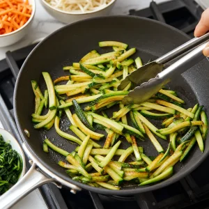 비빔밥용 채 썬 애호박을 살짝 노릇하게 볶는 모습.
