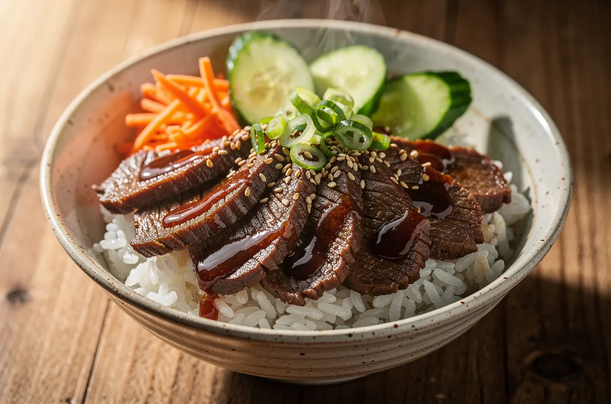 Koreańska miska z wołowiną w glazurze gochujang i ryżem