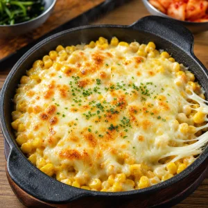 Korean cheese corn with sizzling mozzarella in a cast iron skillet