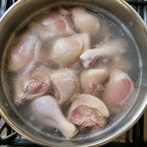Chicken pieces parboiling in a pot of water