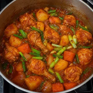 Fresh scallions stirred into the finished chicken stew