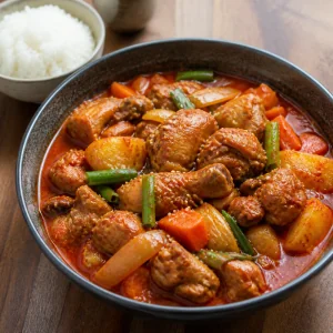 Korean spicy chicken stew with potatoes, carrots, scallions, and rice