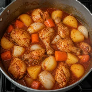 Potatoes, carrots, and onion added to the simmering chicken stew