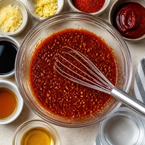 Red Korean pepper sauce mixed in a bowl with a whisk