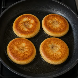 Hotteok bien dorés en train de cuire dans une poêle