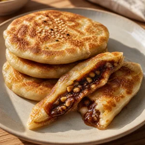 Hotteok coreanos dorados con relleno de azúcar moreno, canela y frutos secos