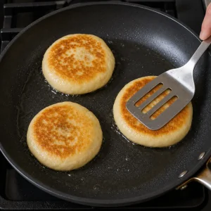 Hotteok pressés avec une spatule dans la poêle