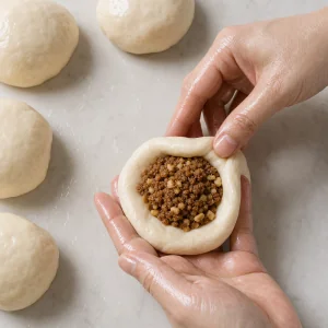 Mains huilées façonnant la pâte à hotteok autour de la garniture