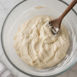 Pâte collante à hotteok mélangée avec une cuillère en bois