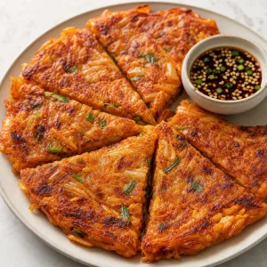 Crisp Korean kimchi pancakes cut into wedges with dipping sauce