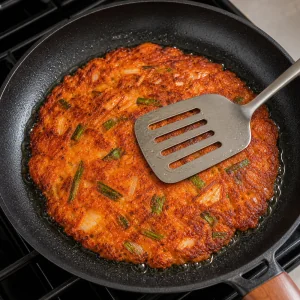 Flipped kimchi pancake pressed with a spatula in the skillet