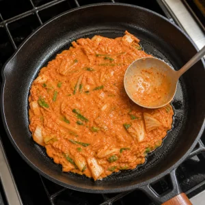 Kimchi scallion batter spread into a thin pancake in a skillet
