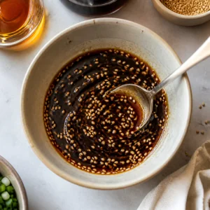 Sesame soy dipping sauce being stirred in a small bowl