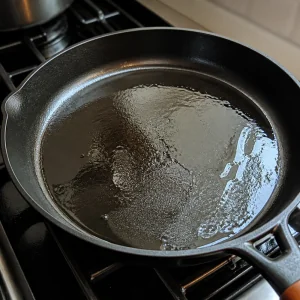 Shimmering oil heating in a skillet