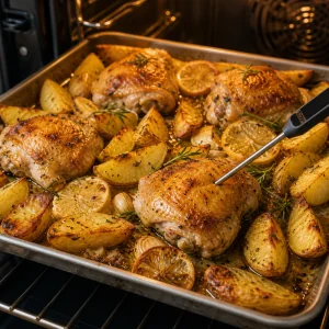Lemon garlic chicken and potatoes roasting until golden with crisp skin