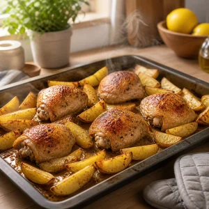 Roasted chicken thighs and potatoes resting on a sheet pan after baking