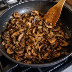 Browned sliced mushrooms and onion cooked until dry in a skillet