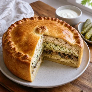 Finished kurnik with a cut slice showing layered chicken, rice, egg, mushrooms, and pancakes