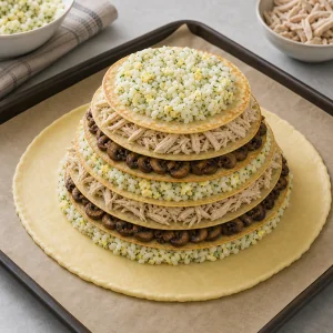 Open kurnik mound with visible pancake, rice, chicken, and mushroom layers