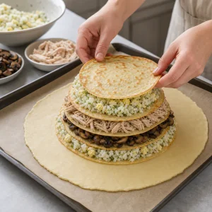 Pastry base with pancake, rice, chicken, and mushroom layers being assembled