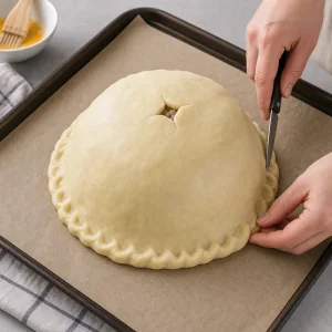 Unbaked kurnik with crimped edges and a small steam vent in the top crust