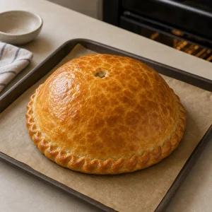 Whole golden baked kurnik resting on parchment before slicing