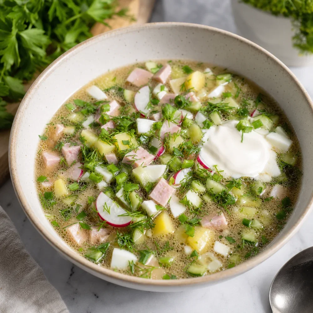 Ciotola di okroshka al kvas con prosciutto, verdure, erbe e panna acida