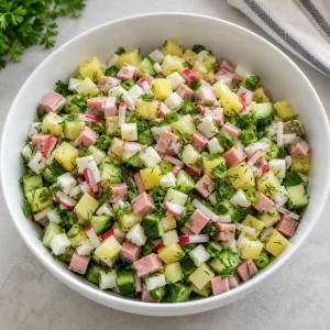Ingredienti tritati per okroshka mescolati in una grande ciotola