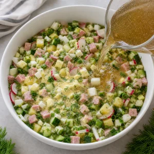 Kvas freddo versato sugli ingredienti tritati dell’okroshka